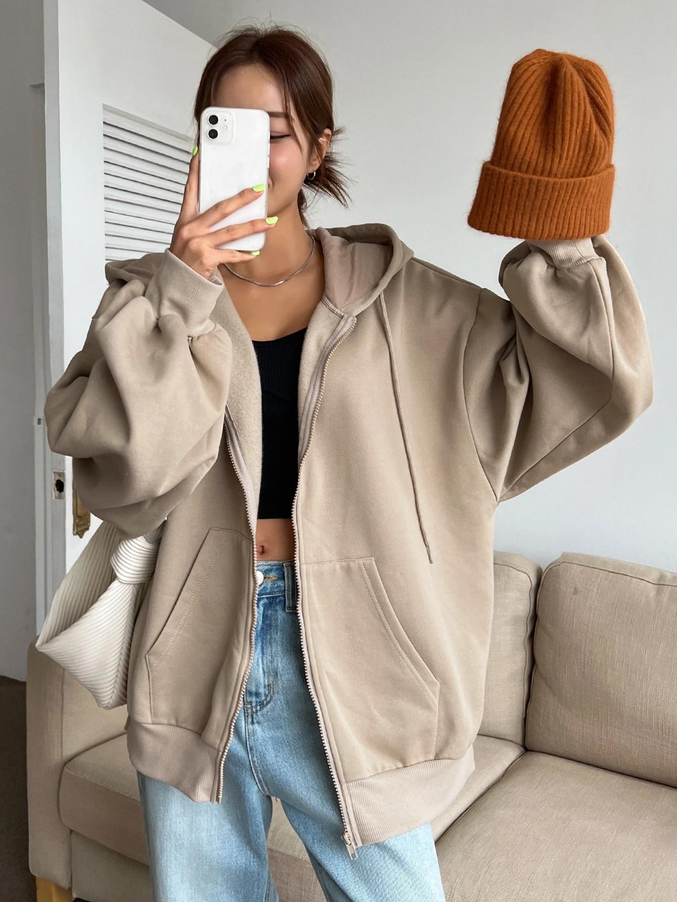 SXV STYLE Casual Zip-Up Hoodie, Oversized Fit, Light Grey, Front Pockets