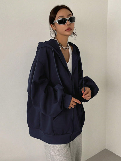 SXV STYLE Casual Zip-Up Hoodie, Oversized Fit, Light Grey, Front Pockets