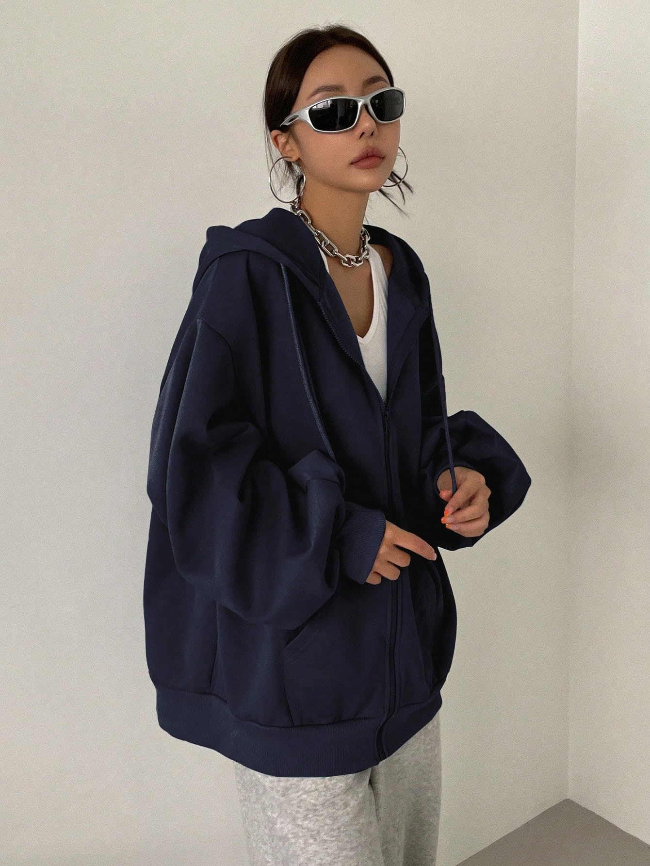 SXV STYLE Casual Zip-Up Hoodie, Oversized Fit, Light Grey, Front Pockets