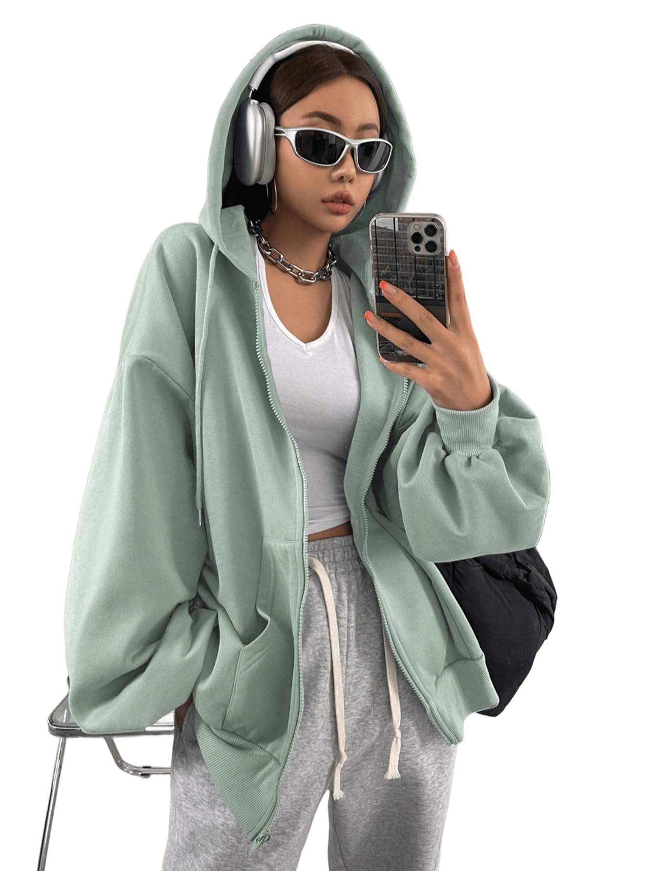 SXV STYLE Casual Zip-Up Hoodie, Oversized Fit, Light Grey, Front Pockets