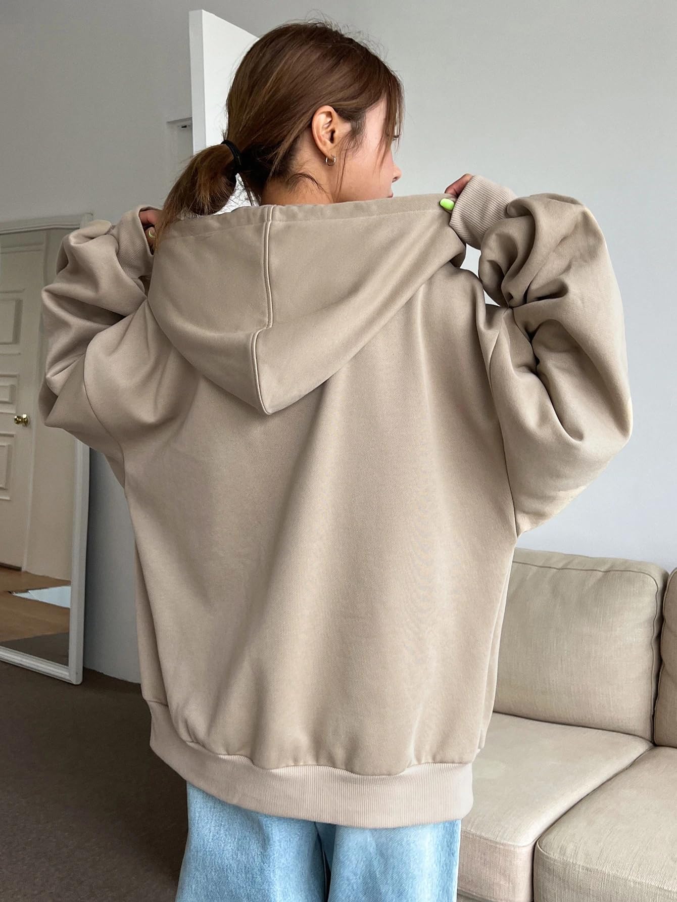 SXV STYLE Casual Zip-Up Hoodie, Oversized Fit, Light Grey, Front Pockets