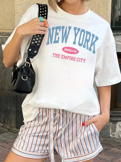 SXV Women's Summer Letter Print Off-Shoulder Loose Casual T-Shirt