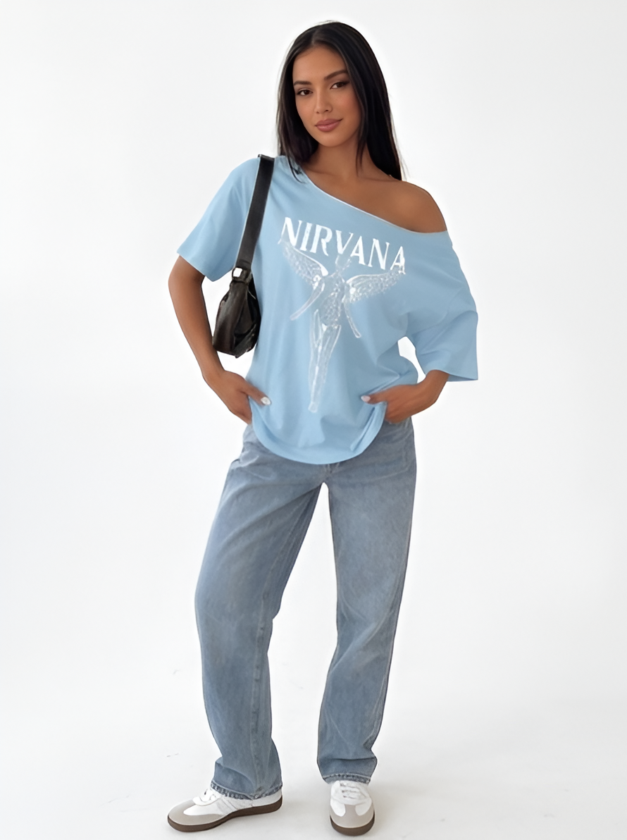 SXV NIRVANA SKY Print Casual Loose Fit One Shoulder T-Shirt For Women