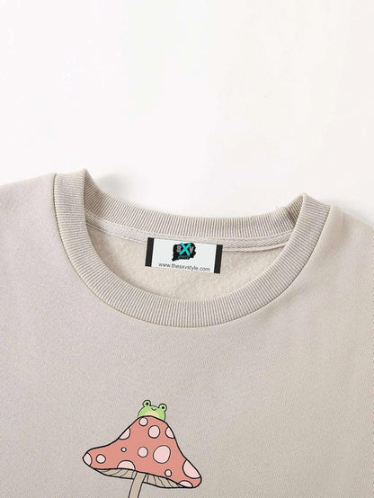 SXV 'Frog & Mushroom’ Printed Cool Aesthetic Drop Shoulder Oversized Baggy Sweatshirt