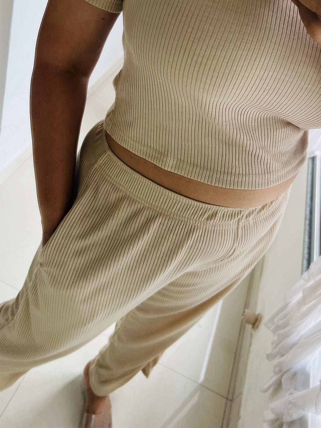 SXV Basic CO-ORDS set : Beige Ribbed crop top And Trouser Combo