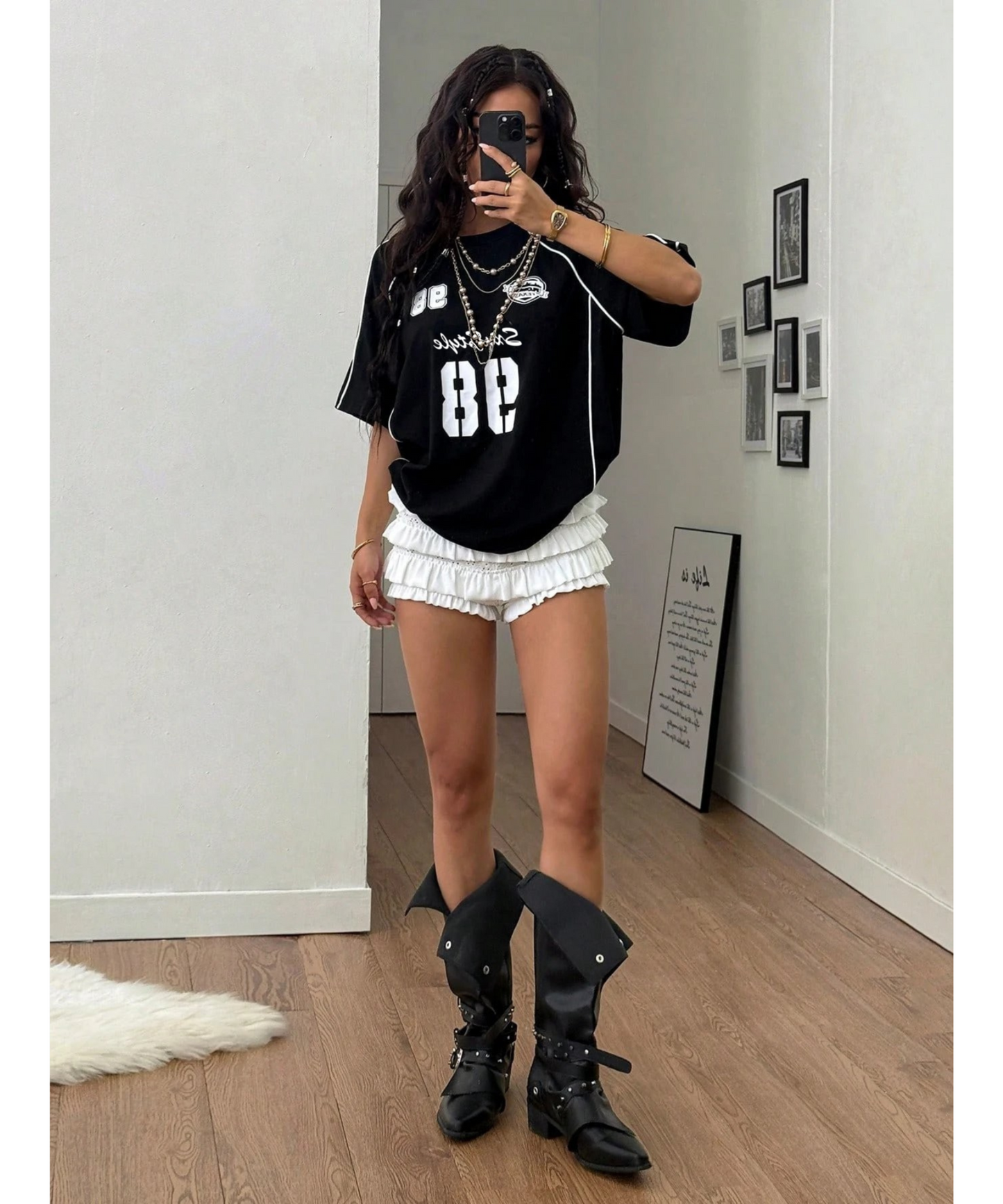SXV 98 Women Summer Streetwear Going Out Graphics Baseball Jersey Colorblocked Black T-Shirts