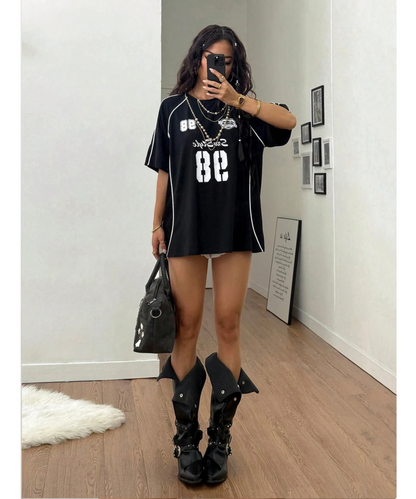 SXV 98 Women Summer Streetwear Going Out Graphics Baseball Jersey Colorblocked Black T-Shirts