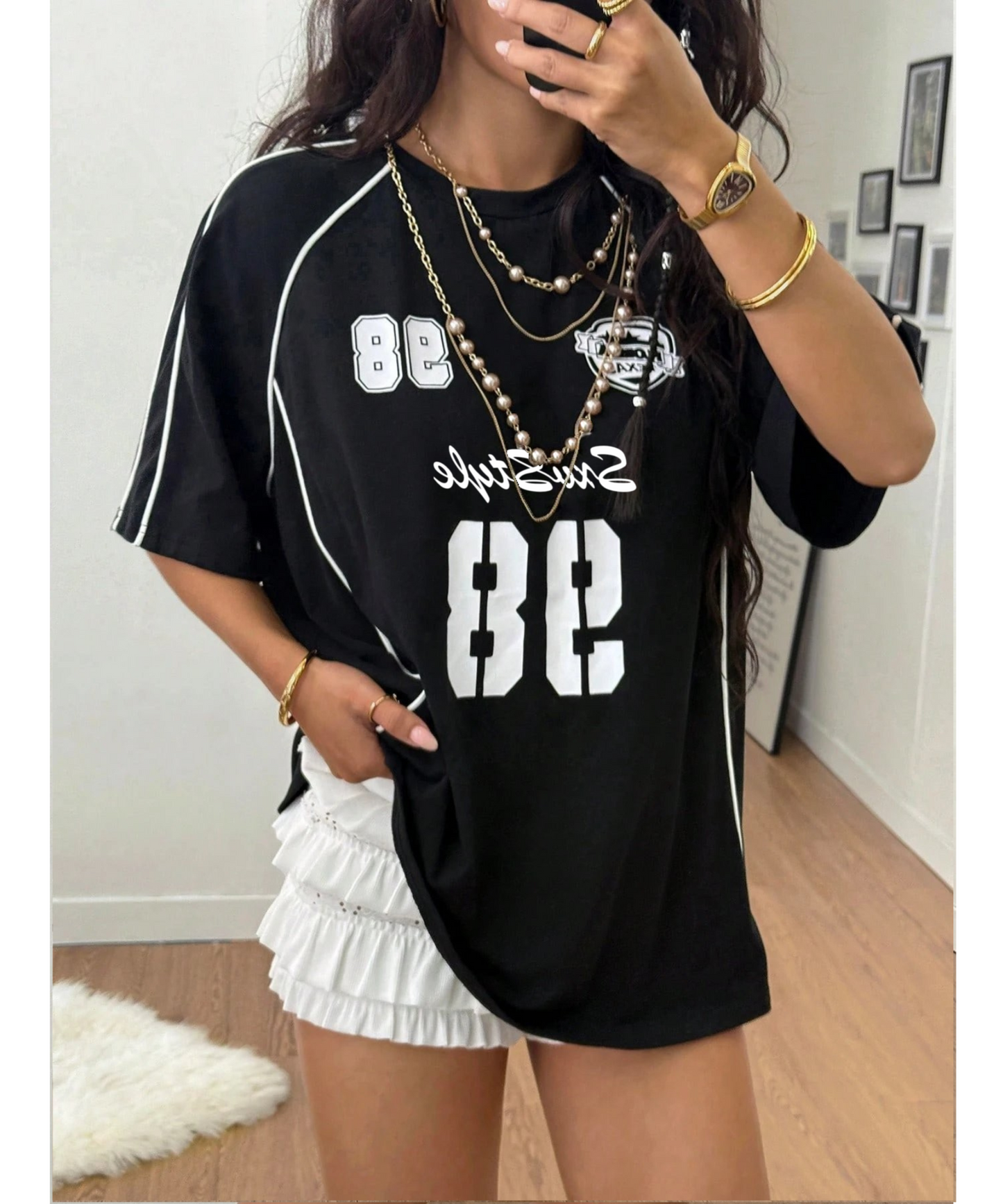 SXV 98 Women Summer Streetwear Going Out Graphics Baseball Jersey Colorblocked Black T-Shirts