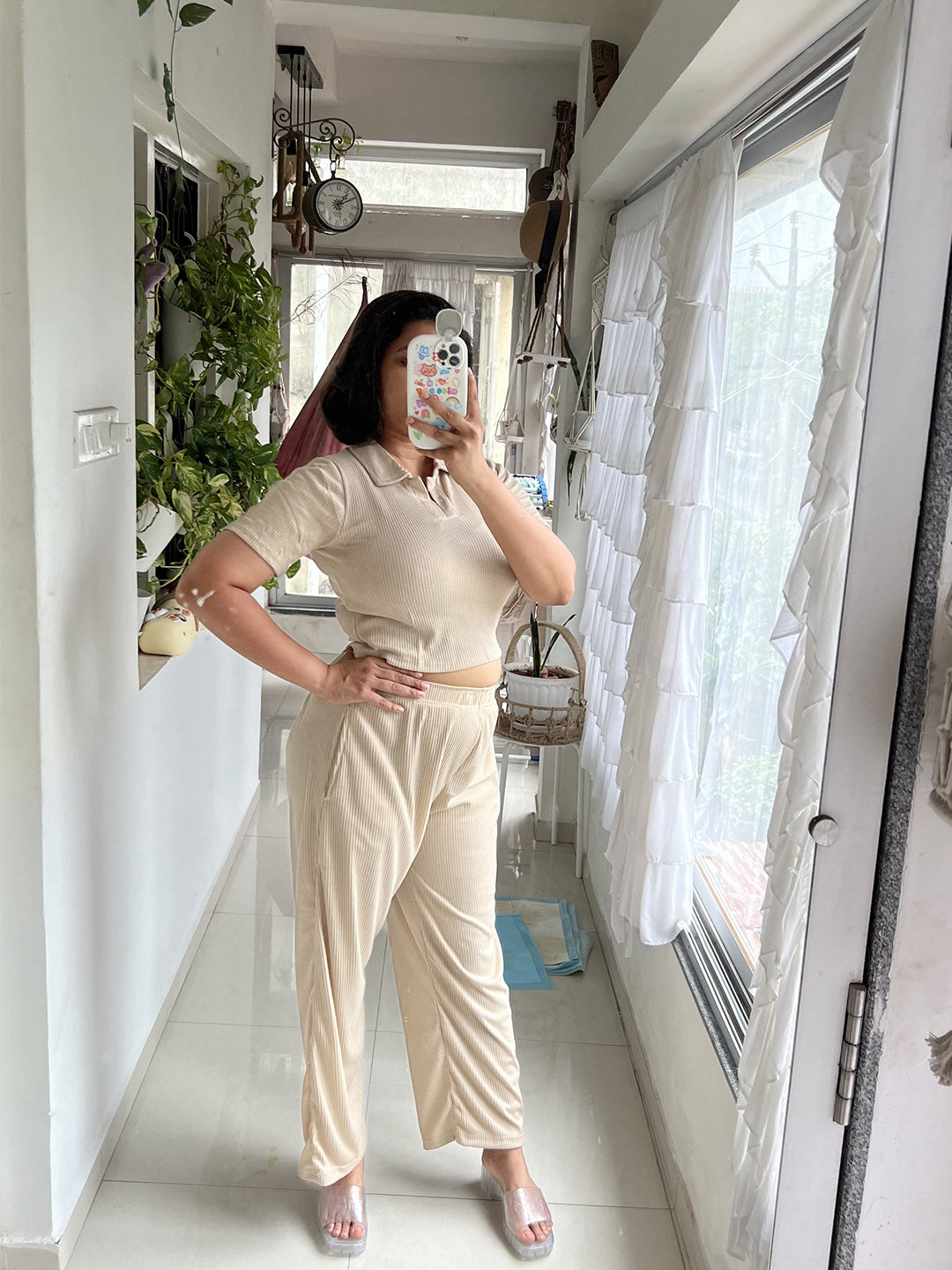 SXV Basic CO-ORDS set : Beige Ribbed crop top And Trouser Combo