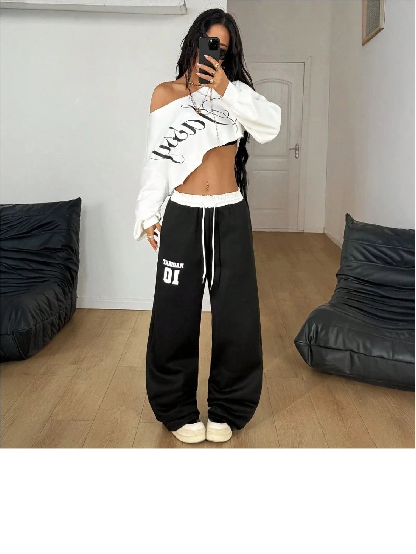 SXV Winter Going Out Streetwear Rave Cowgirl Sportswear Casual Music Festival Graphics Cropped Over Size Asymmetrical Neck Off Shoulder White Long Sleeve T-Shirt