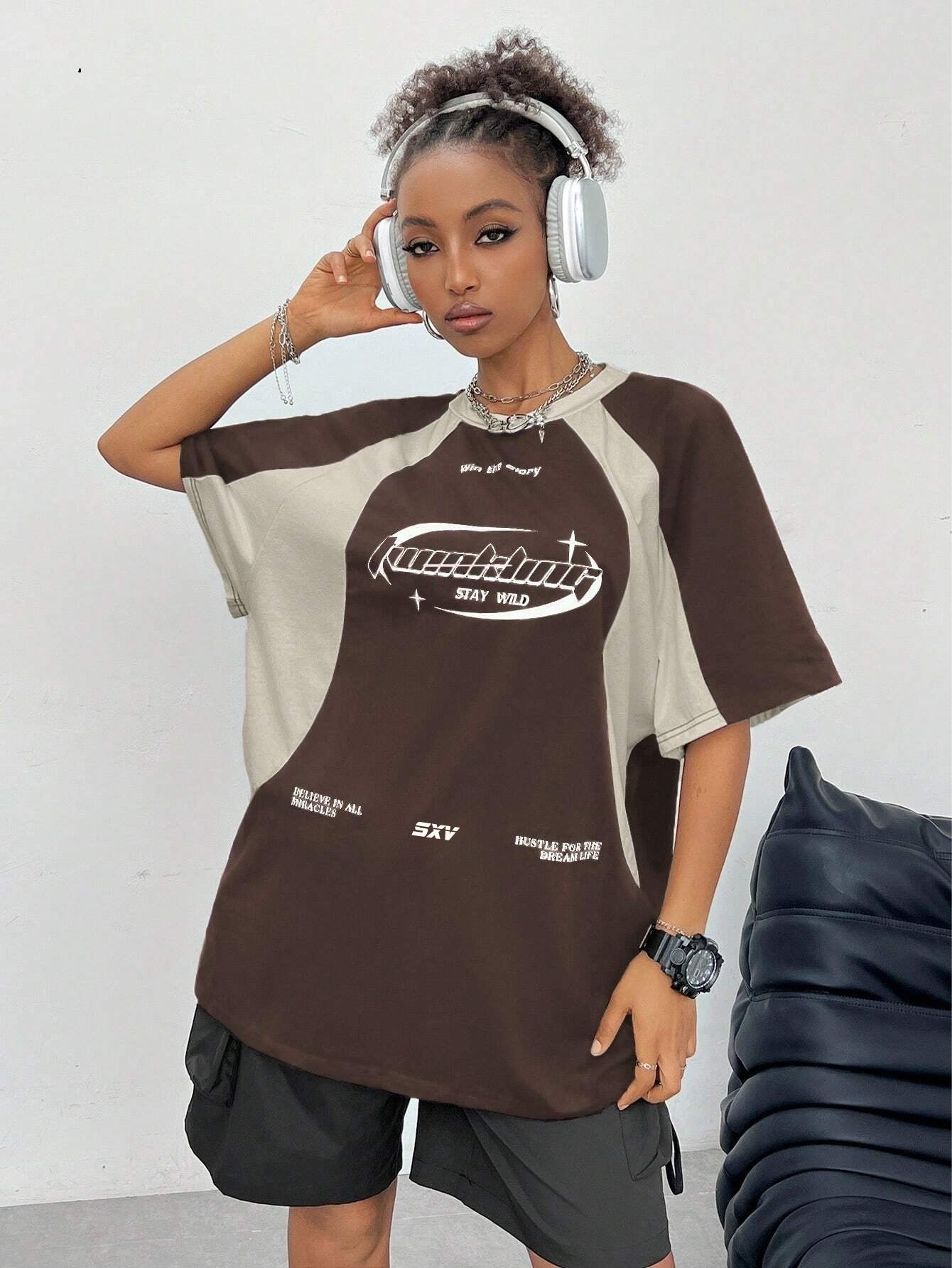 SXV hustle for the dream life cream and brown colourblocked racing baggy tshirt