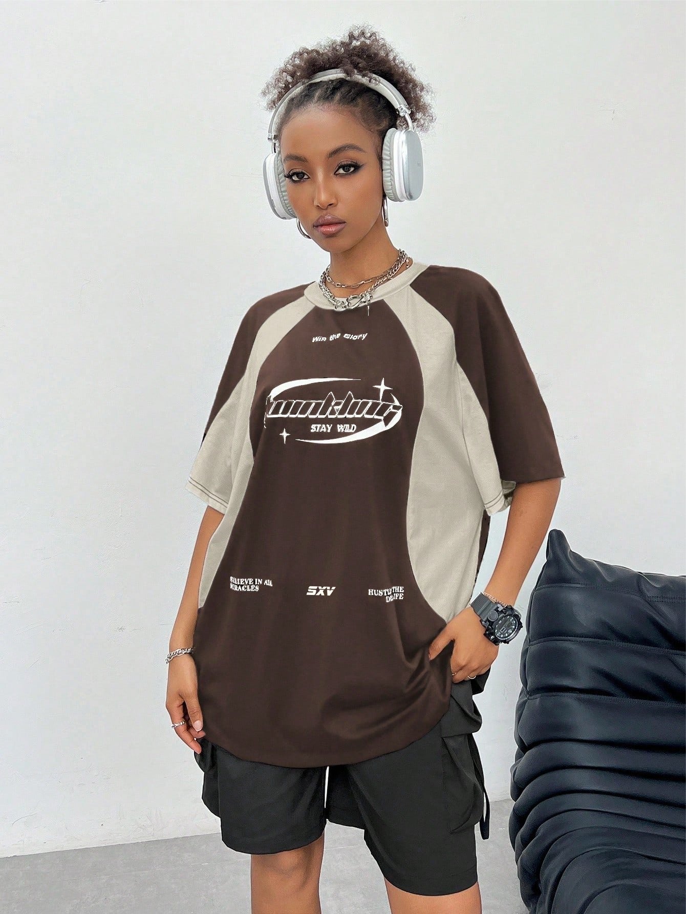 SXV hustle for the dream life cream and brown colourblocked racing baggy tshirt