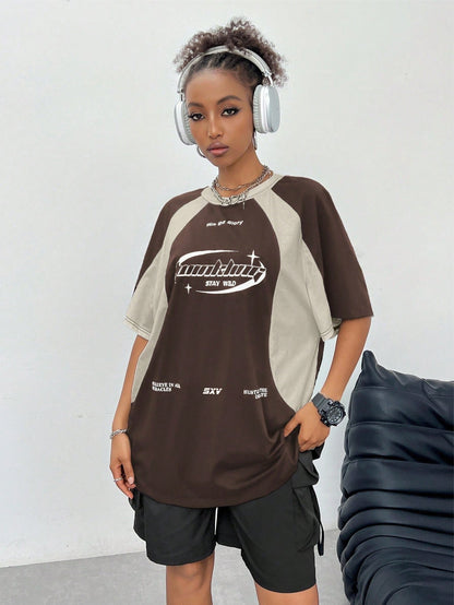 SXV hustle for the dream life cream and brown colourblocked racing baggy tshirt