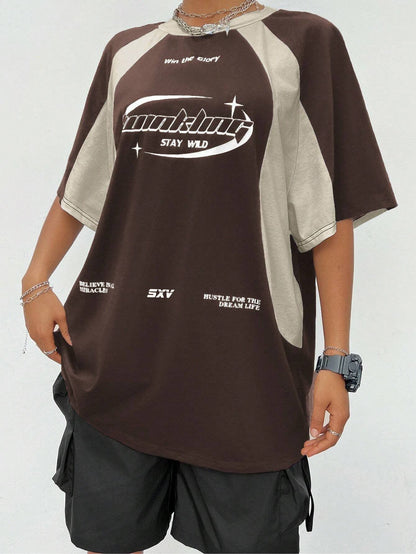 SXV hustle for the dream life cream and brown colourblocked racing baggy tshirt