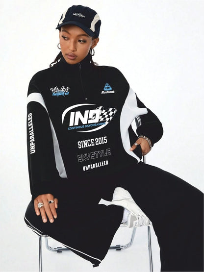 SXV Streetwear Going Out Sportswear Athleisure Back To School Casual Color-Blocked Letter Print Long Sleeve Black Sweatshirt