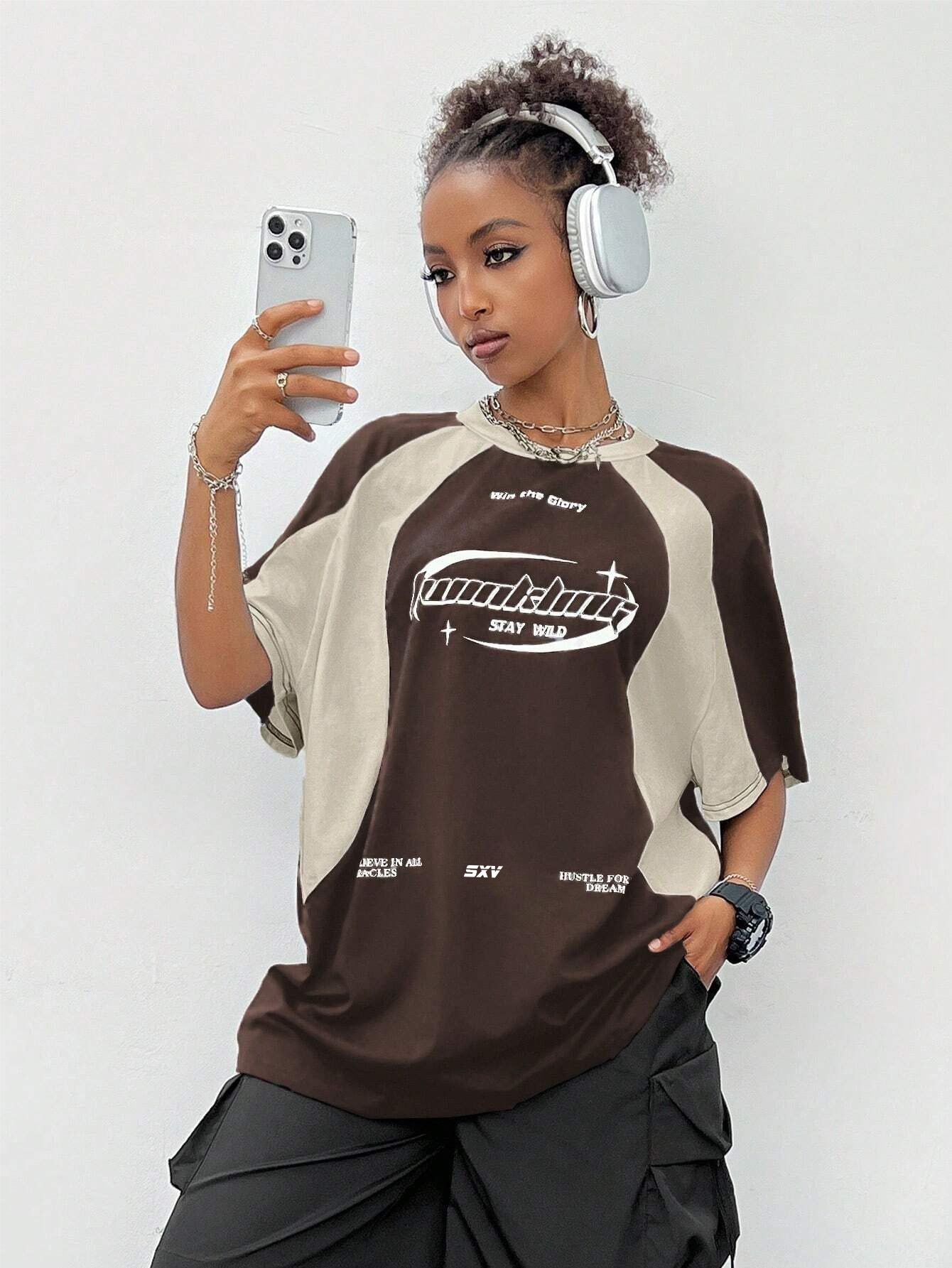 SXV hustle for the dream life cream and brown colourblocked racing baggy tshirt