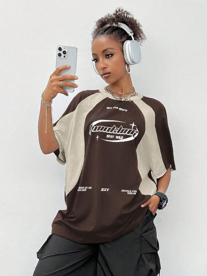 SXV hustle for the dream life cream and brown colourblocked racing baggy tshirt