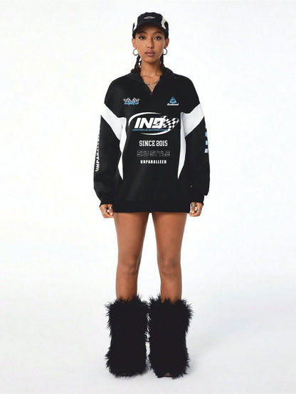 SXV Streetwear Going Out Sportswear Athleisure Back To School Casual Color-Blocked Letter Print Long Sleeve Black Sweatshirt