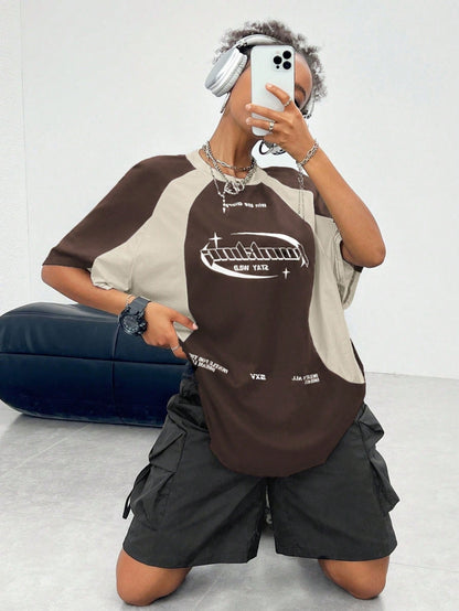 SXV hustle for the dream life cream and brown colourblocked racing baggy tshirt