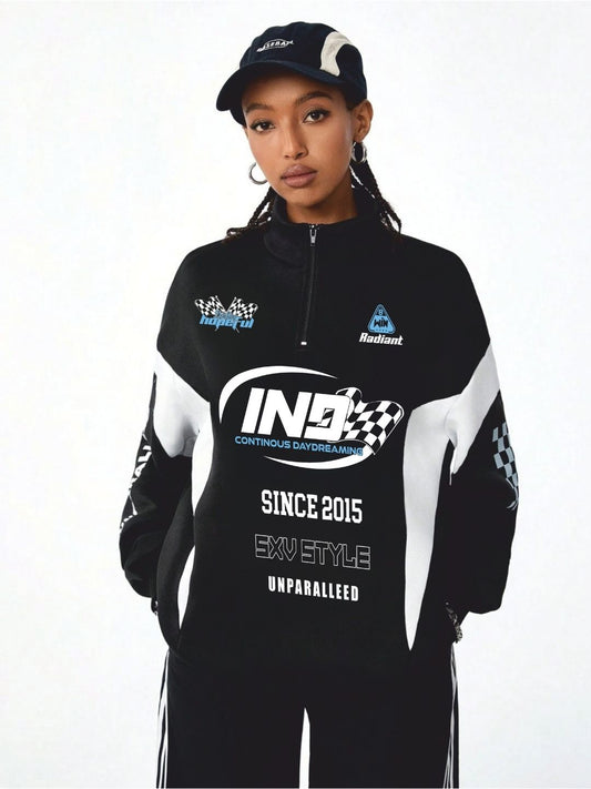 SXV Streetwear Going Out Sportswear Athleisure Back To School Casual Color-Blocked Letter Print Long Sleeve Black Sweatshirt