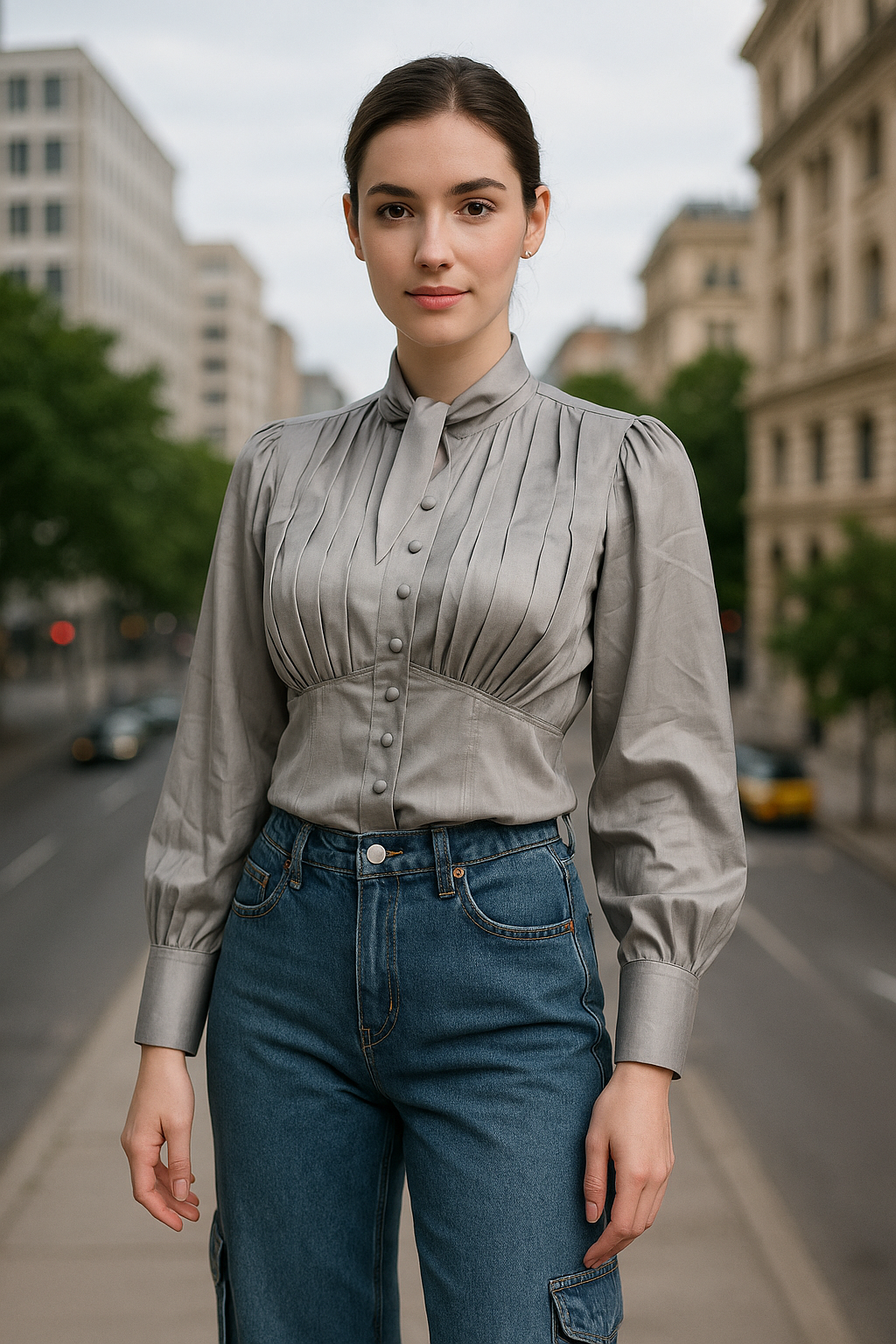 SXV Elegant Pleated Crop Blouse with Tie Neck, Long Sleeve, Button Front, Grey