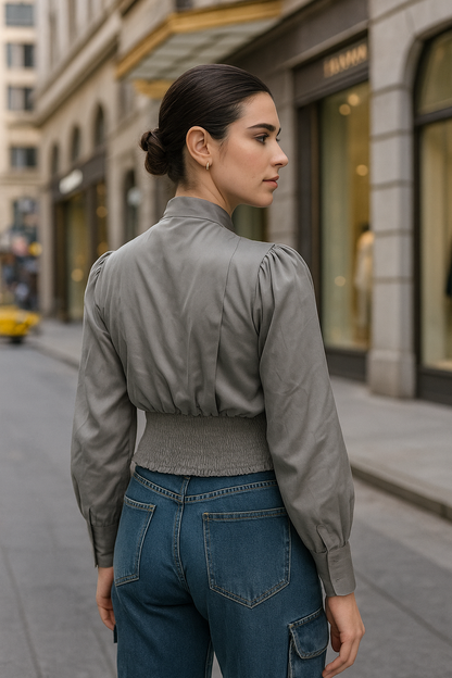 SXV Elegant Pleated Crop Blouse with Tie Neck, Long Sleeve, Button Front, Grey