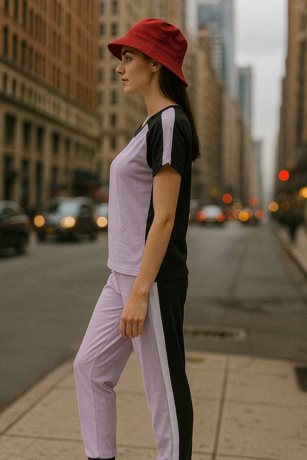 SXV Women's Athletic Tracksuit Set, Lilac with Black Trim, Cotton Blend, Short Sleeve Top and Joggers, Plus Size