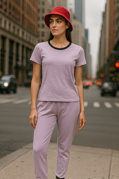 SXV Women's Athletic Tracksuit Set, Lilac with Black Trim, Cotton Blend, Short Sleeve Top and Joggers, Plus Size