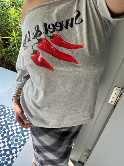 SXV Off-Shoulder Loose Slogan Sweet and Hot Printed Grey T-Shirt, Oversized Y2K Style, Grey Graphic Tees Women