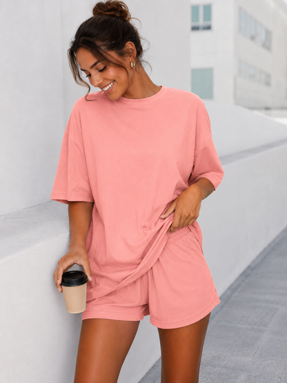 SXV Women's Solid Color Simple Daily Short Sleeve T-Shirt And Shorts Set