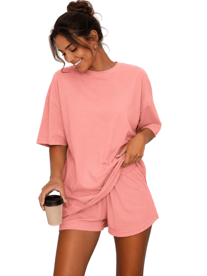 SXV Women's Solid Color Simple Daily Short Sleeve T-Shirt And Shorts Set