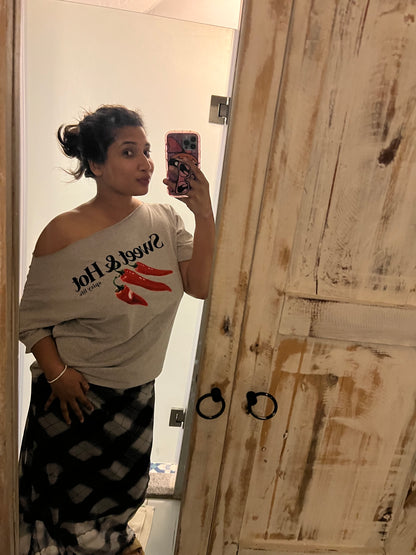 SXV Off-Shoulder Loose Slogan Sweet and Hot Printed Grey T-Shirt, Oversized Y2K Style, Grey Graphic Tees Women