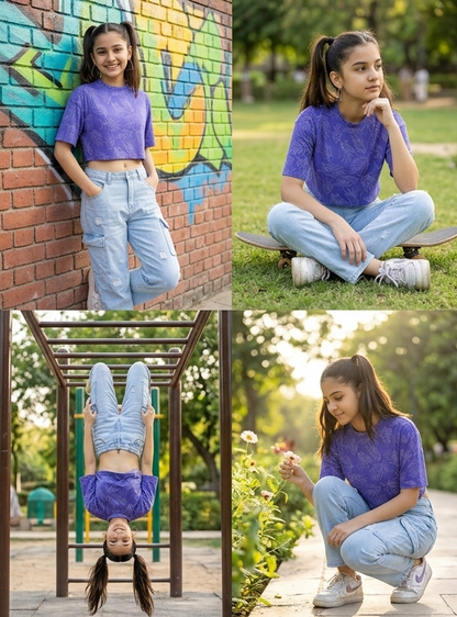 SXV Purple leaves print  Boxy Oversized CropTop