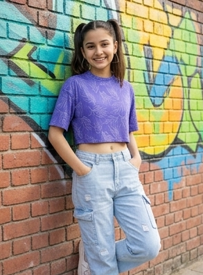 SXV Purple leaves print  Boxy Oversized CropTop