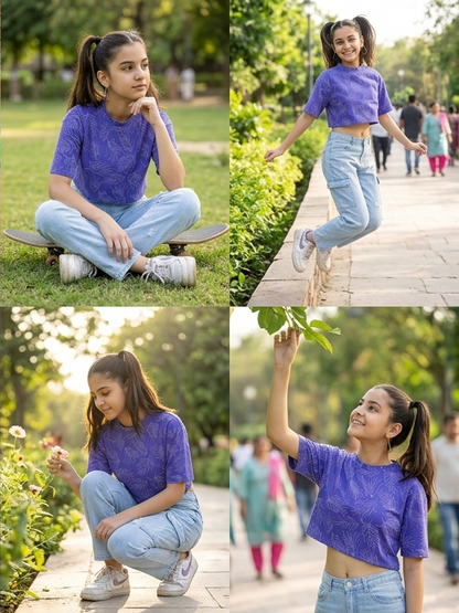 SXV Purple leaves print  Boxy Oversized CropTop