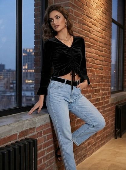 SXV Ruched Pullover Black Velvet Crop Top