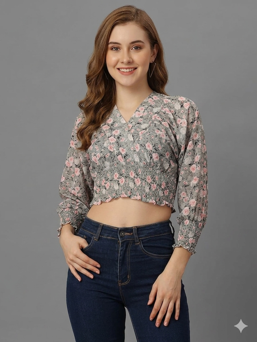 SXV Floral Grey Ruched Blouse Crop Top