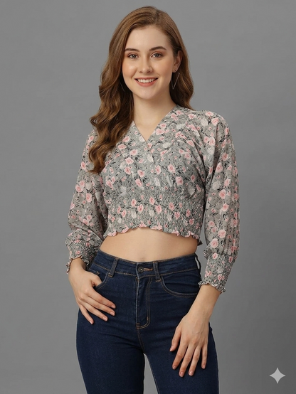 SXV Floral Grey Ruched Blouse Crop Top