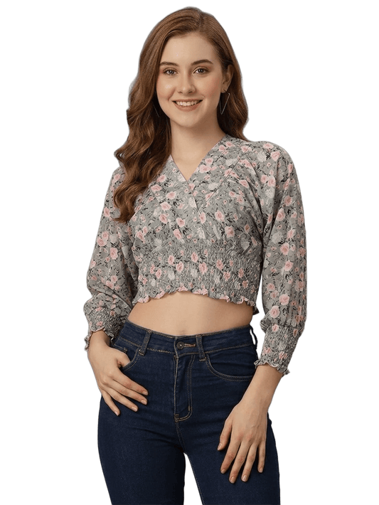 SXV Floral Grey Ruched Blouse Crop Top