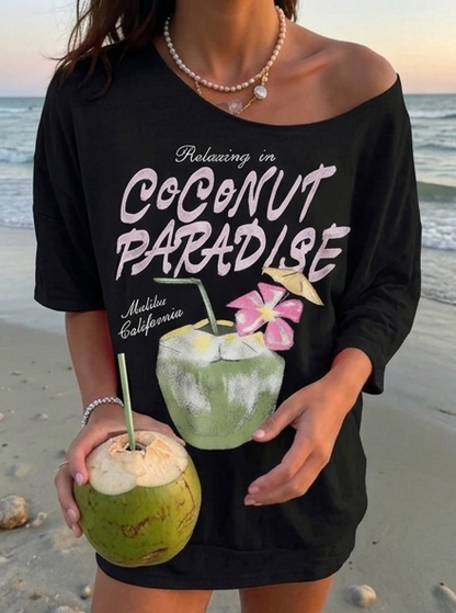 SXV off shoulder Floral & Coconut Print Asymmetrical Neck Summer Top, Loose Casual Vacation T-Shirt For Women