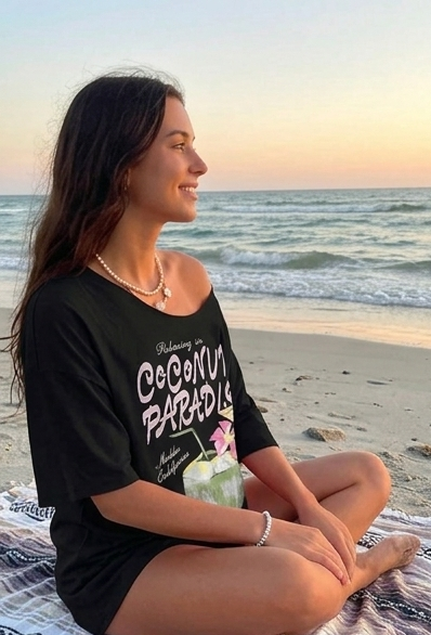 SXV off shoulder Floral & Coconut Print Asymmetrical Neck Summer Top, Loose Casual Vacation T-Shirt For Women