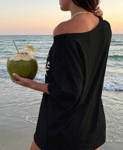 SXV off shoulder Floral & Coconut Print Asymmetrical Neck Summer Top, Loose Casual Vacation T-Shirt For Women