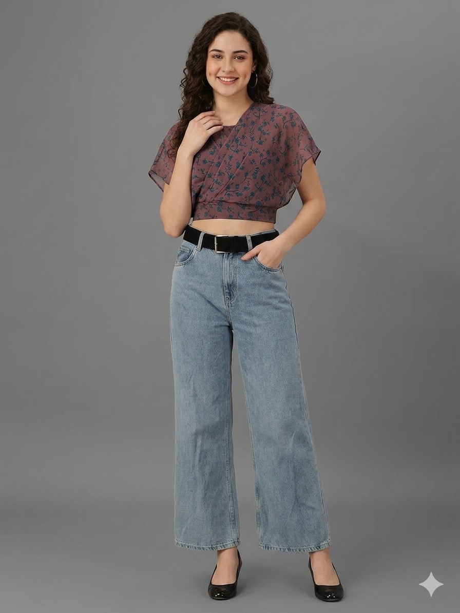 SXV Kimono Sleeves Smocked Fitted Crop Top