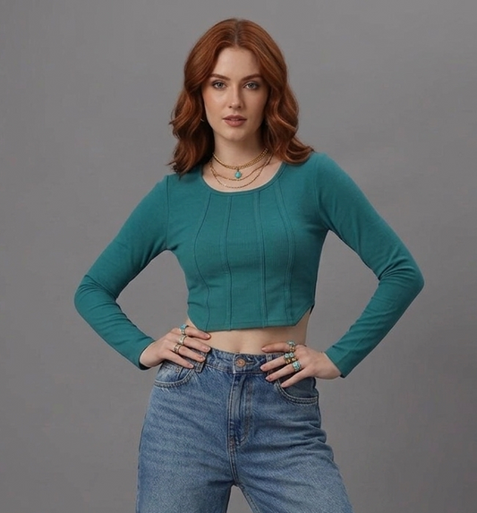 SXV tealgreen knitted Corset Crop Top