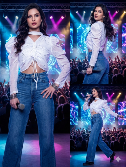 SXV Solid White Partywear Ruched Pullover Crop Top