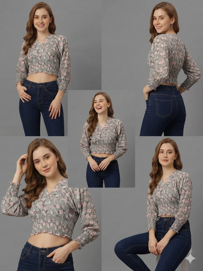 SXV Floral Grey Ruched Blouse Crop Top