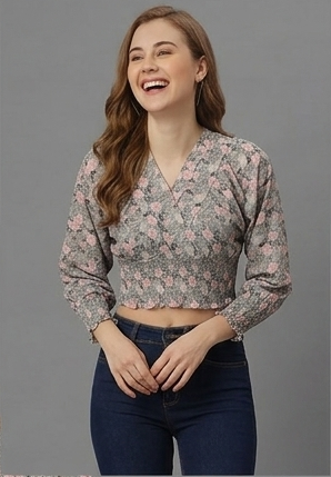 SXV Floral Grey Ruched Blouse Crop Top