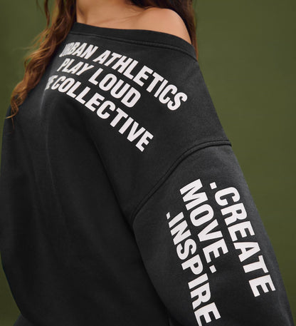 SXV create move inspire Print,Women's Loose Fit&Long Length Asymmetrical Neck Pullover Sweatshirt