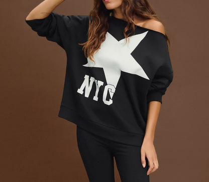 SXV NYC black off shoulder fleece 100% cotton 300GSM Sweatshirt for women
