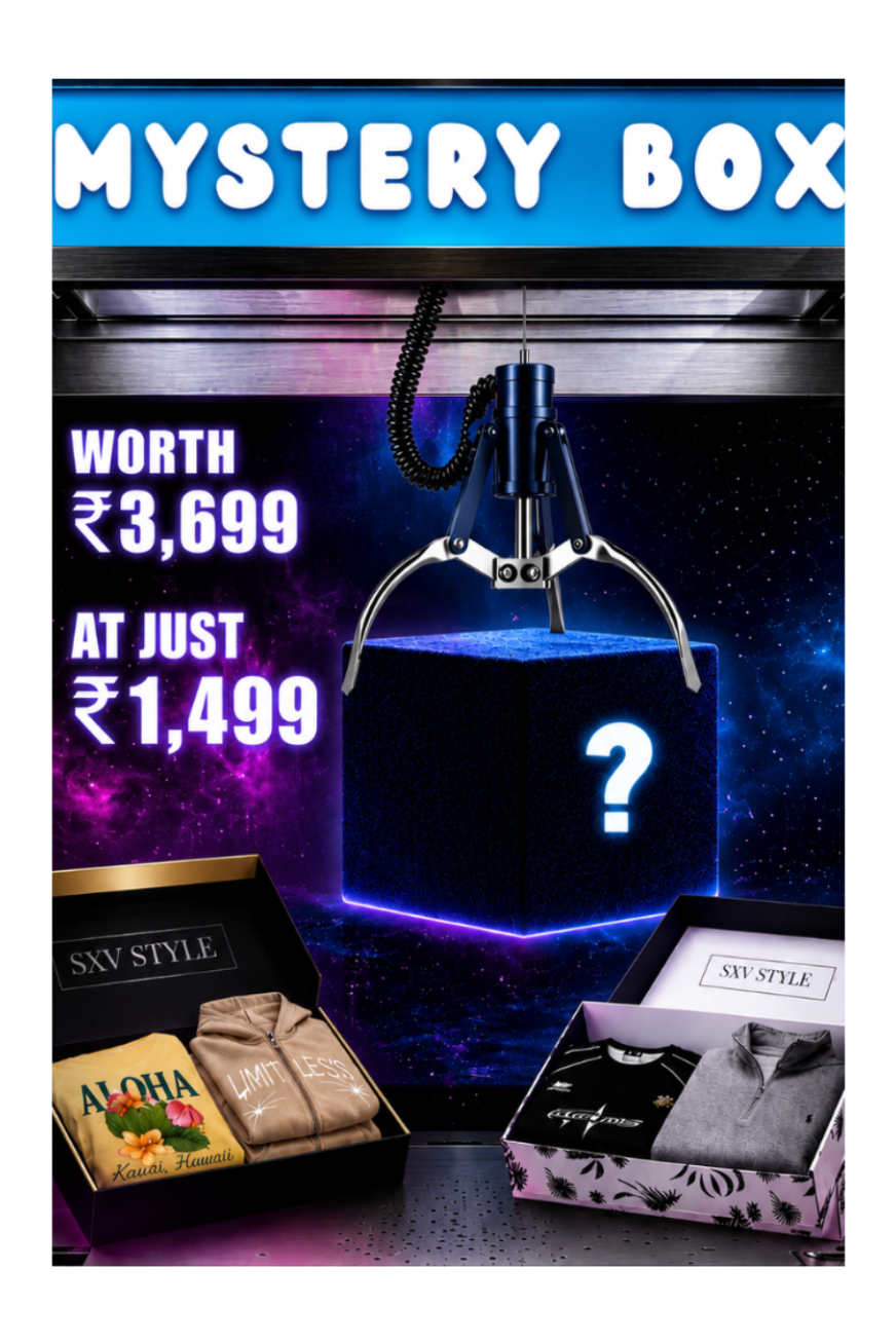 Promotional graphic for an 'Mystery Box' by SXV STYLE, showing a glowing black cube with a question mark under a claw machine. Two open gift boxes containing apparel are displayed below, with text highlighting the value of the mystery box.